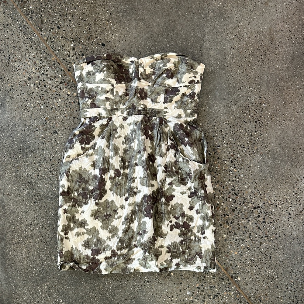 J. Crew Strapless Mini Dress in Olive and Cream silk & cotton